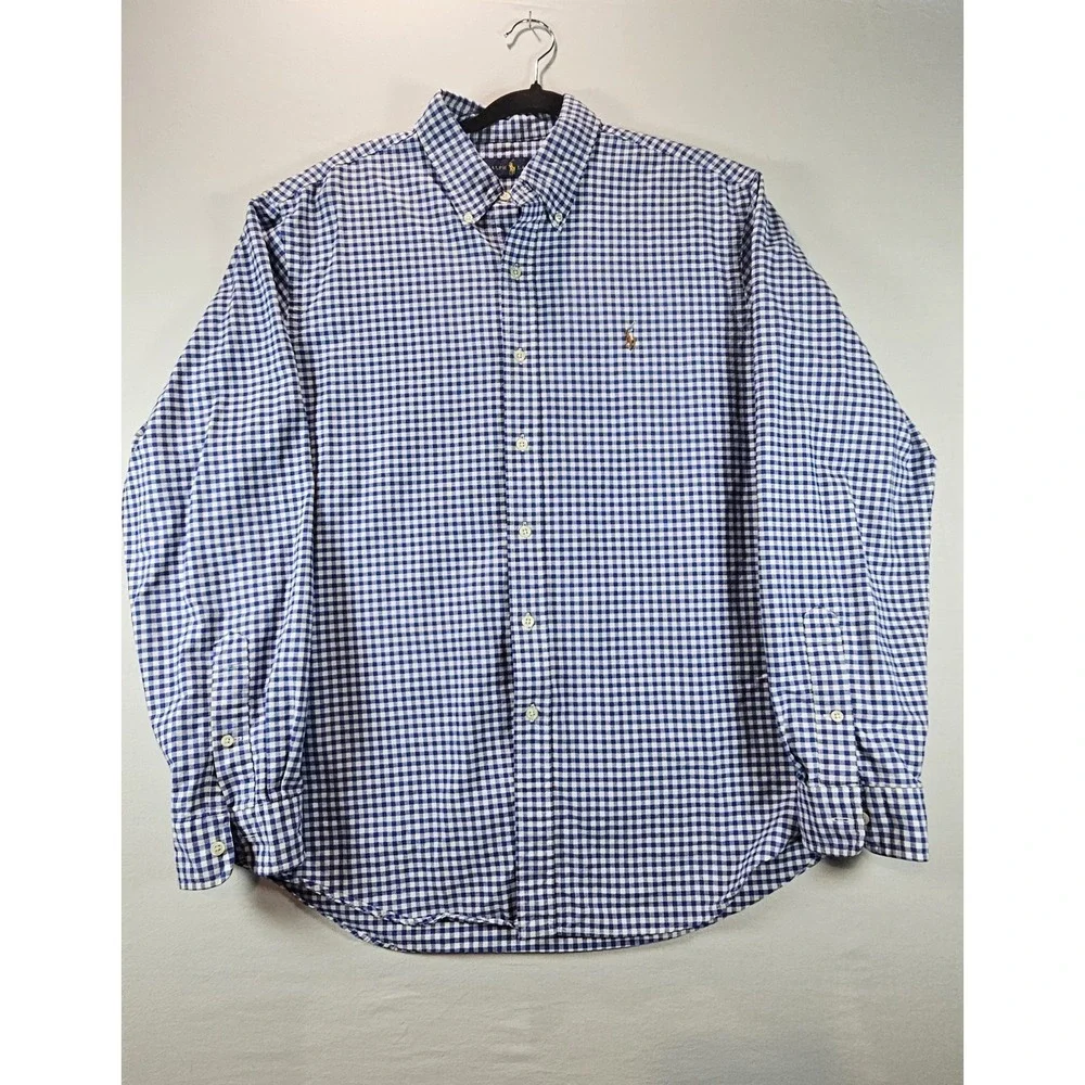 Ralph Lauren Mens Classic Fit Blue Gingham Check Button Down Shirt Flesh Pony XL